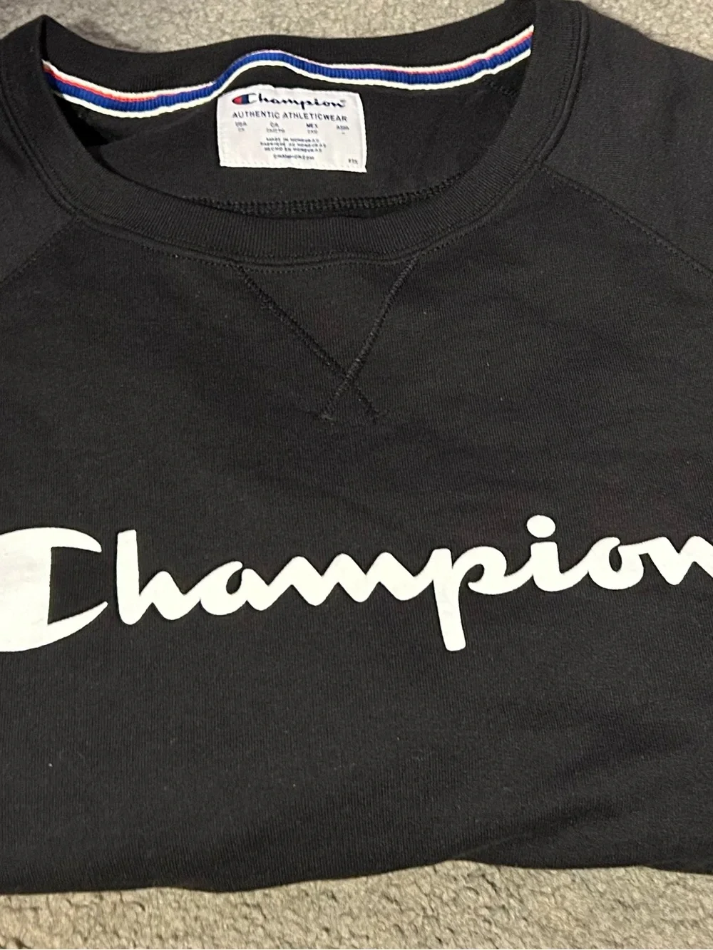 Champion Black Crewneck Sweatshirt with White Script and Red Accent - Picture 2 of 3